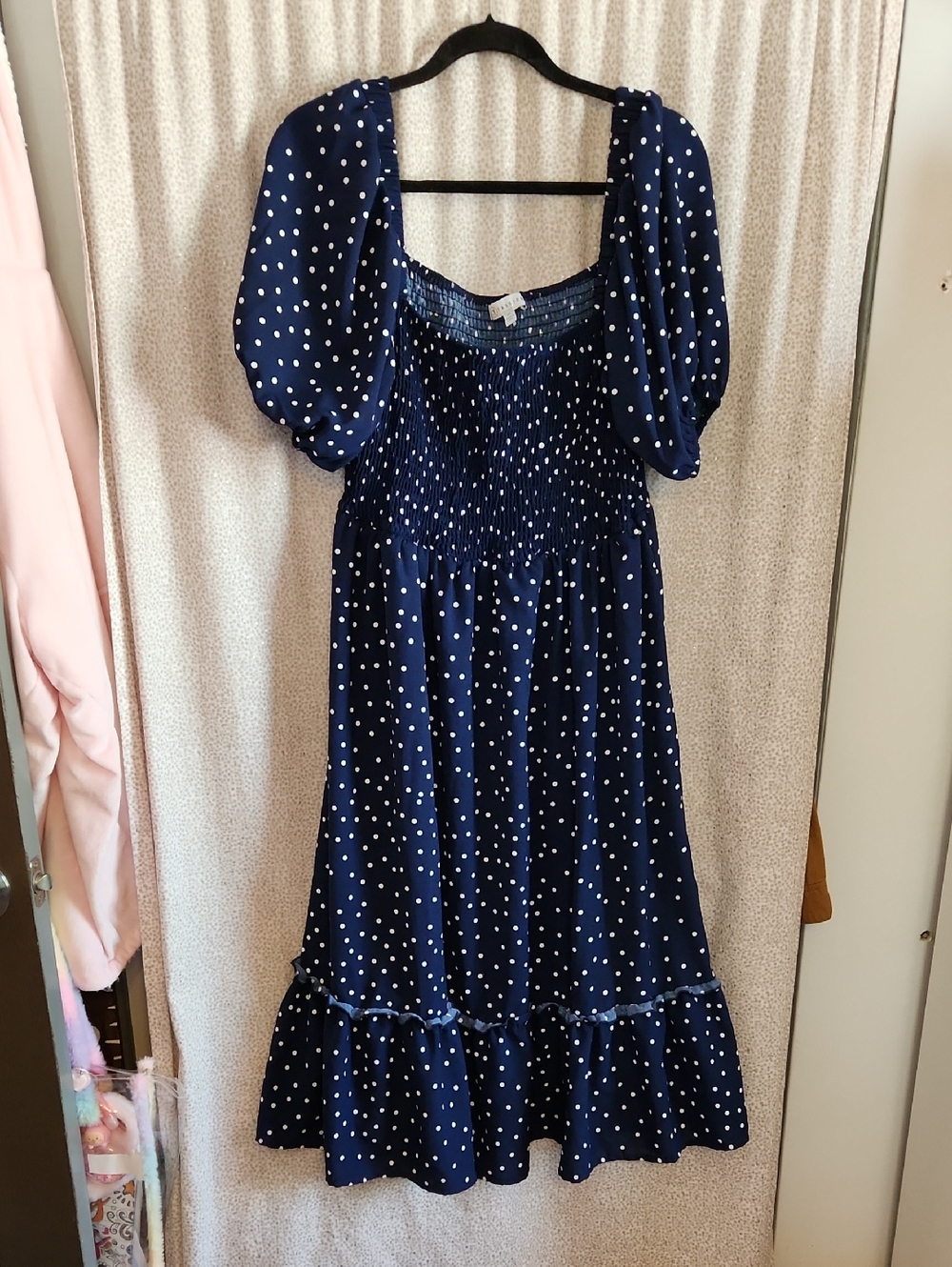 Smocked Navy Polka Midi Dress with Puff Sleeves